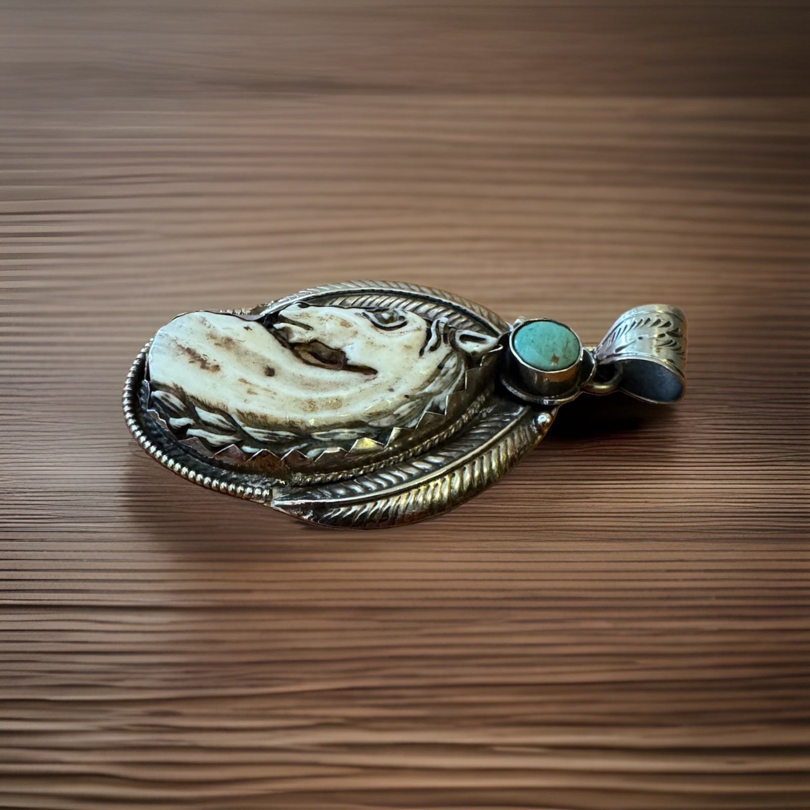 Hand Carved Bone Pendant,Horse Face Art,Floral Carving Back,Turquoise,Silver 32g