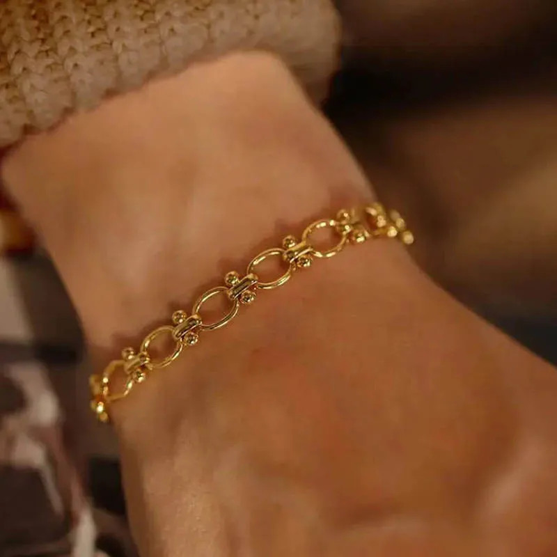 Gold Plated Oval Link Chain Bracelets for Women Thick Stainless Steel Jewelry