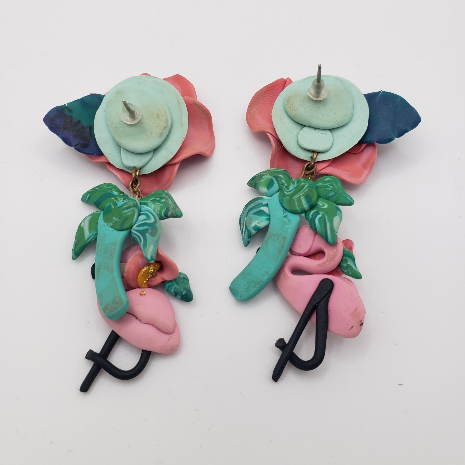 VTG Handcrafted Polymer Clay Pink Flamingo Hibiscus Palm Tree Dangle Earrings