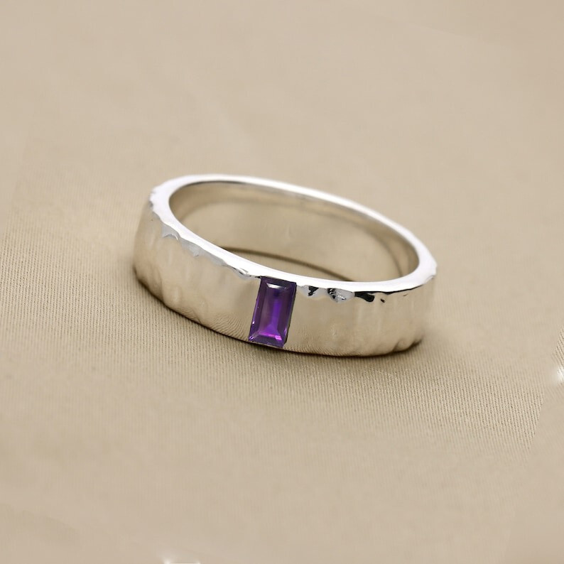 Solid 925 Sterling Silver Hammered Band Ring Amethyst Mens Ring Gift Him