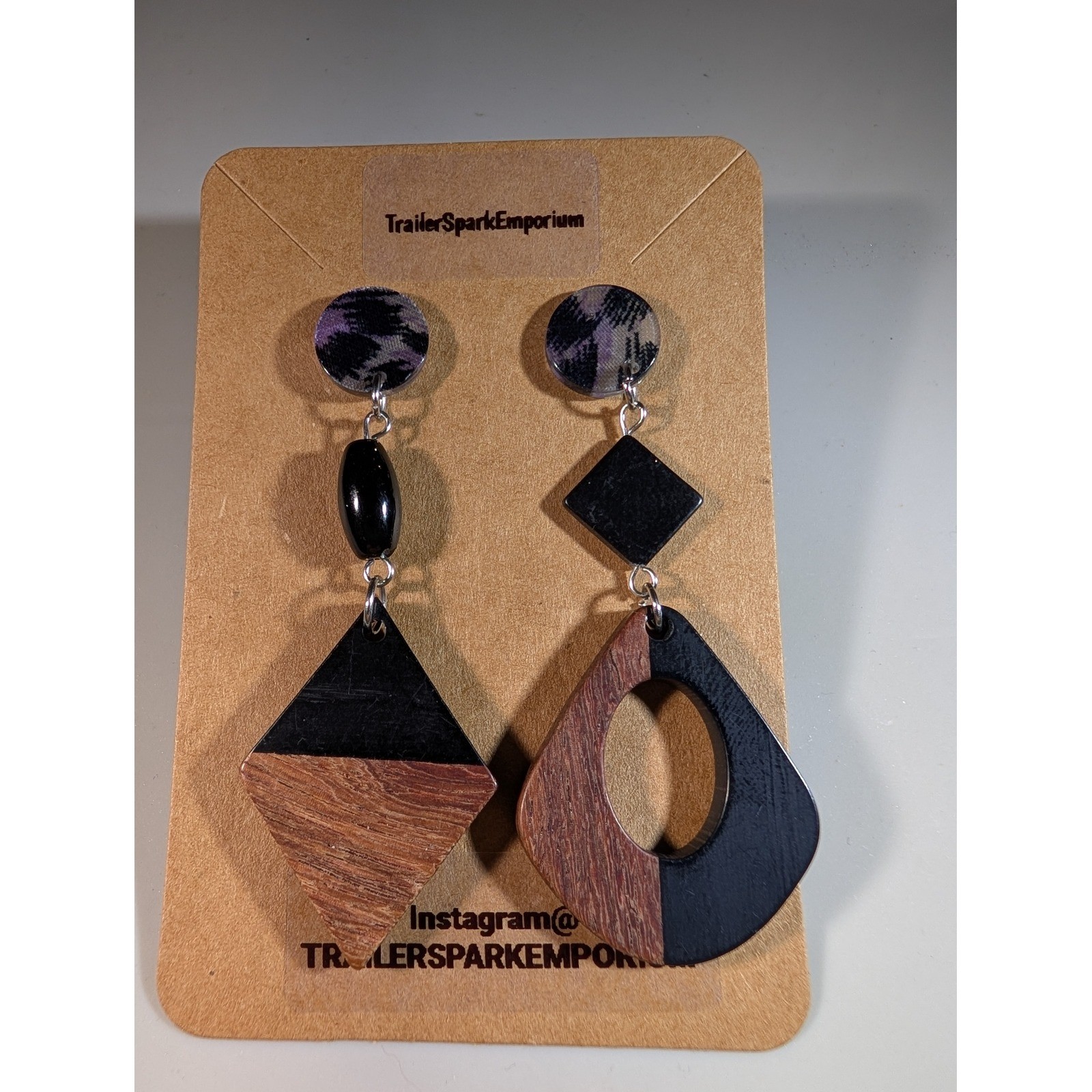 TrailerSparkEmporium Mismatched Wood Resin Geometric Drop Earrings Nickel Free