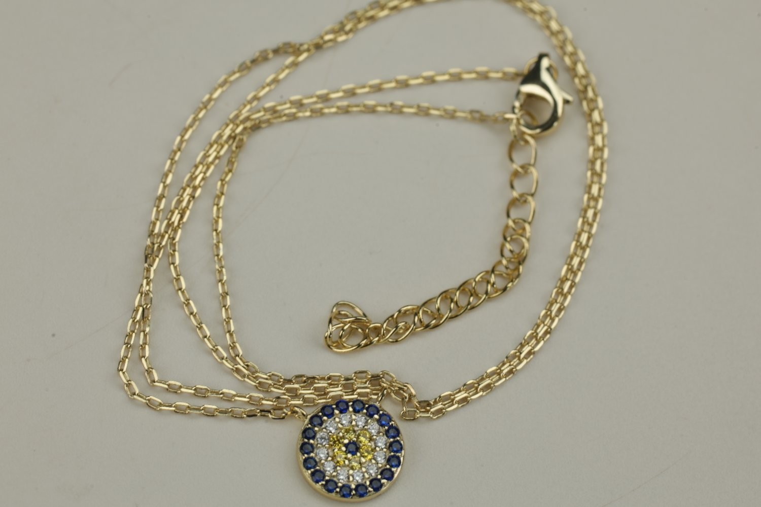 Sterling Silver Evil Eye Pendant Necklace Gold Tone Blue White CZ 18 Inch