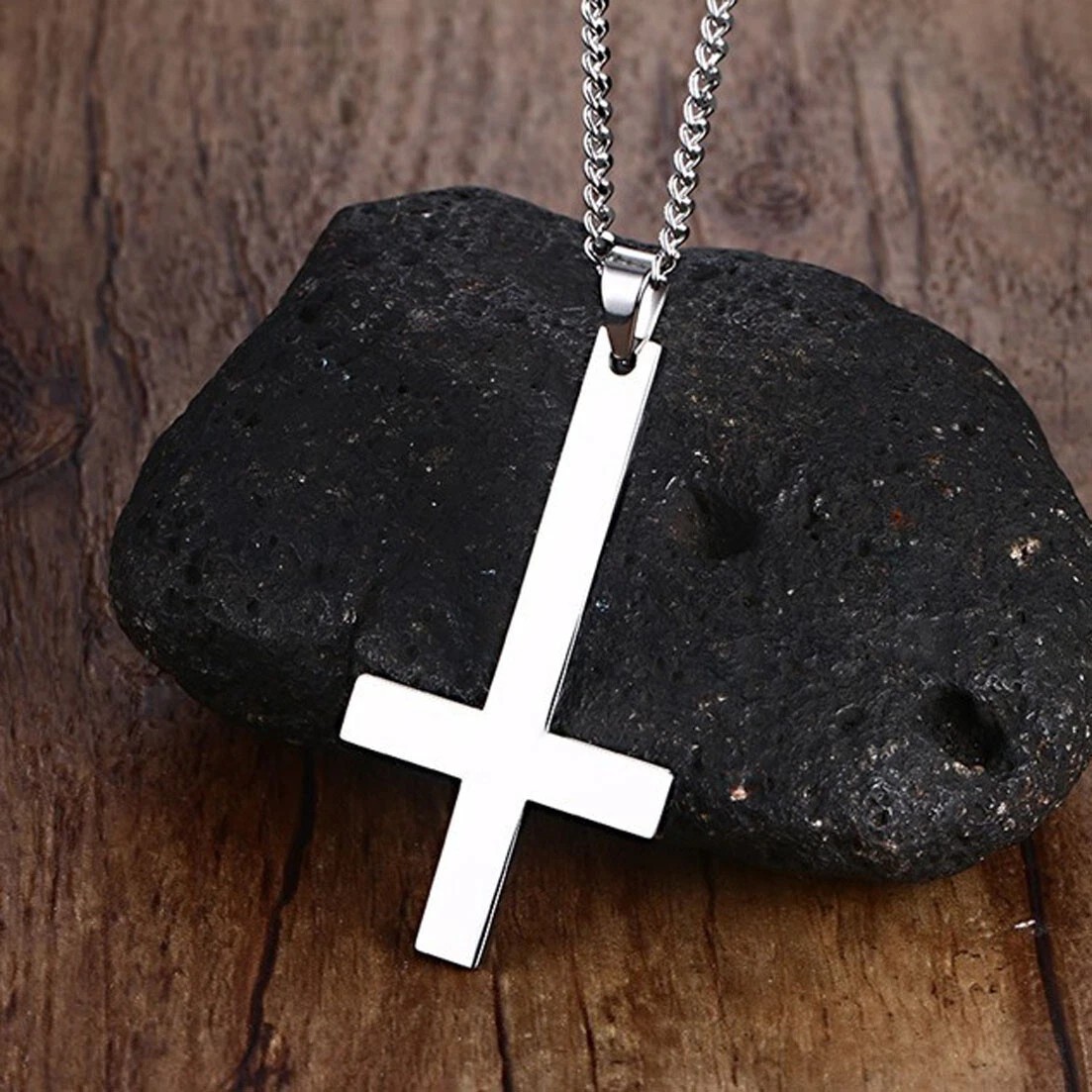 Silver Saint Peter’s Cross Necklace Inverted Stainless Steel Pendant Punk Goth