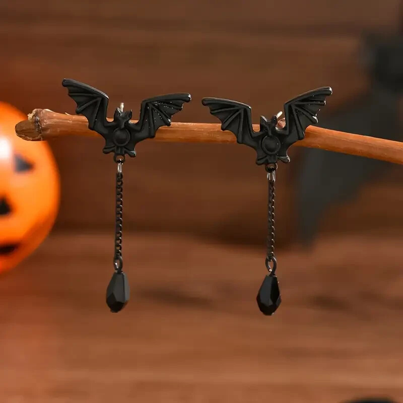 Gothic Punk Black Bat Stud Dangle Earrings Fashion Jewelry Halloween Party Gift