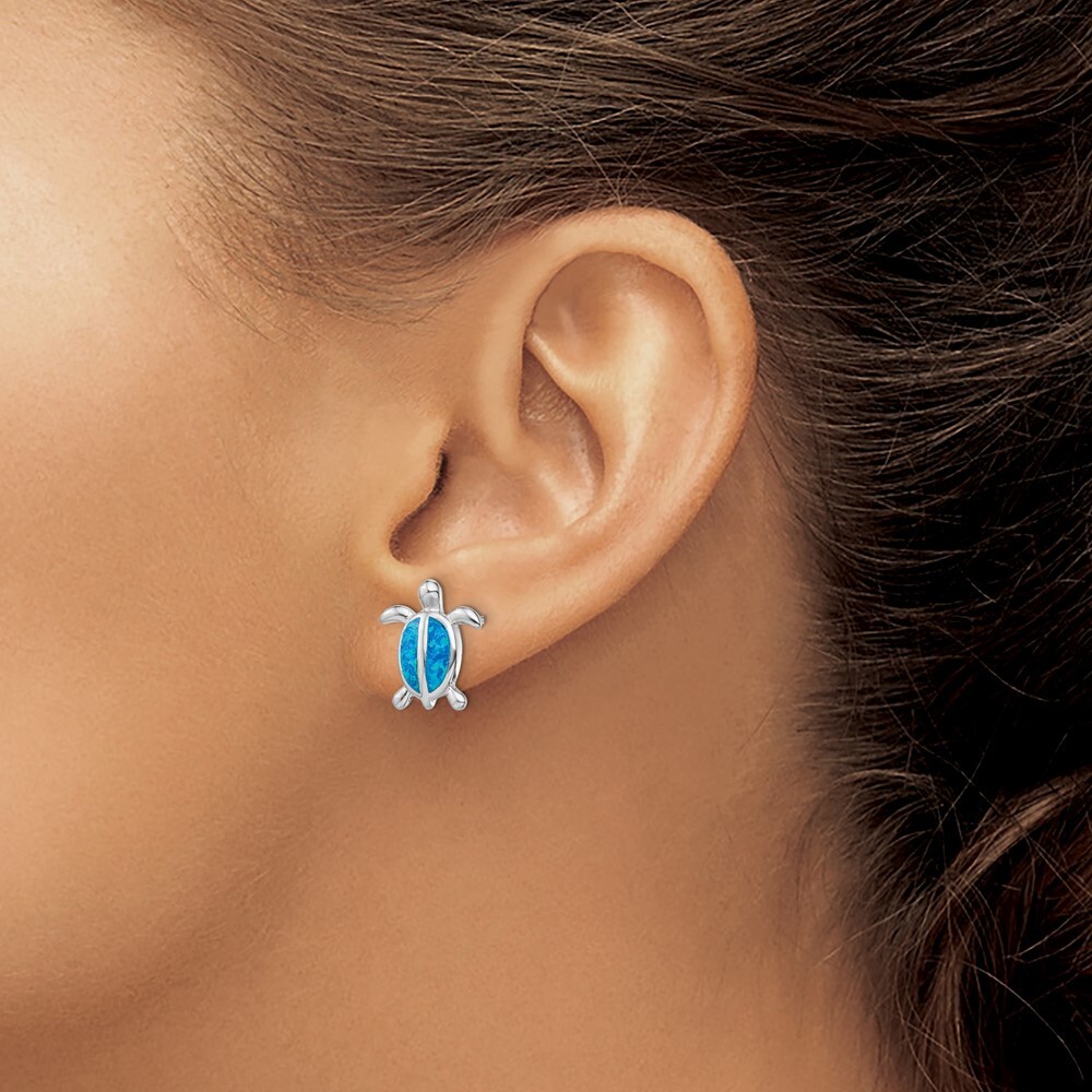 13.8mm Sterling Silver Rhodium-plated Blue Simulated Opal Turtle Post Earrings