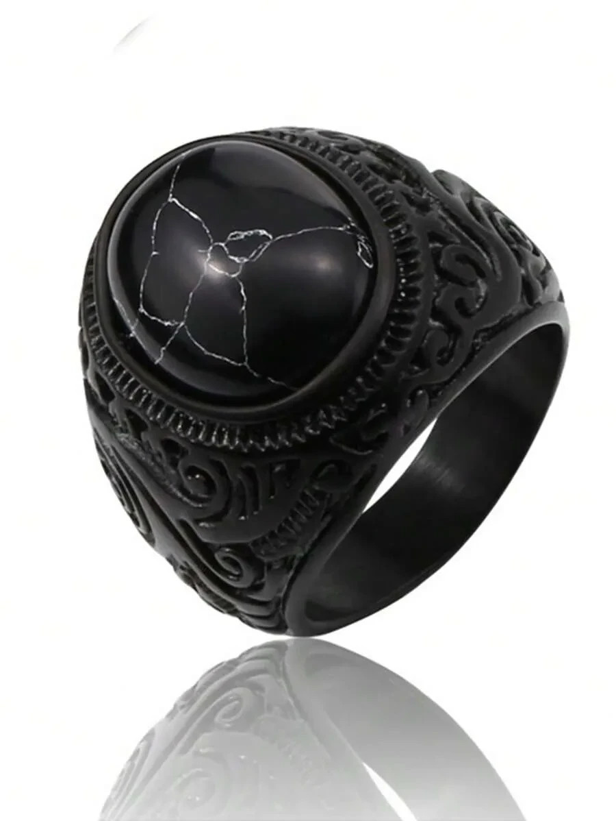 1Pc Men’s Vintage Black Stainless Steel Ring | Resin Stone Fashion Jewelry Gift
