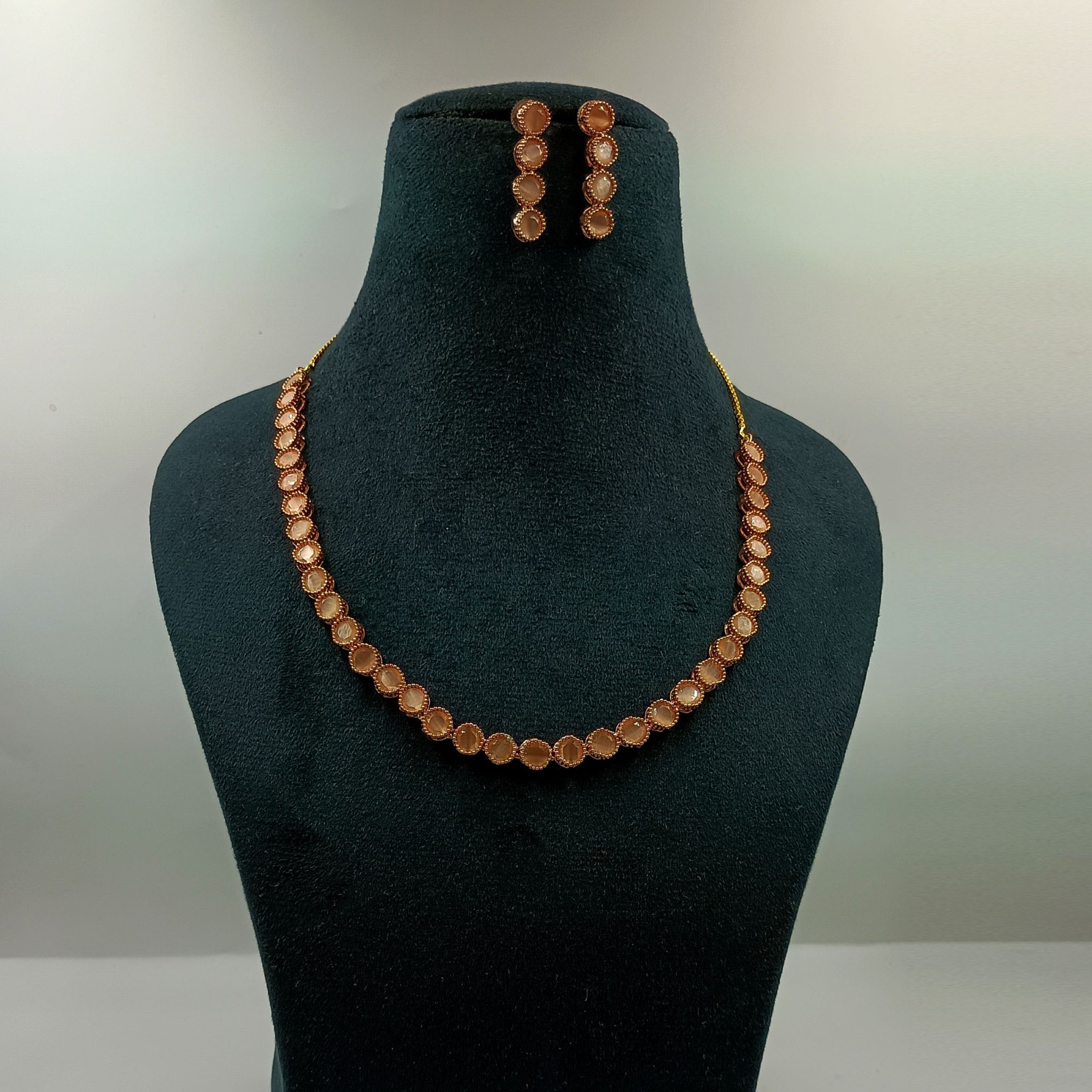 22K Gold Plated Peach Moonstone Bridal Necklace & Earrings Set India Jewelry