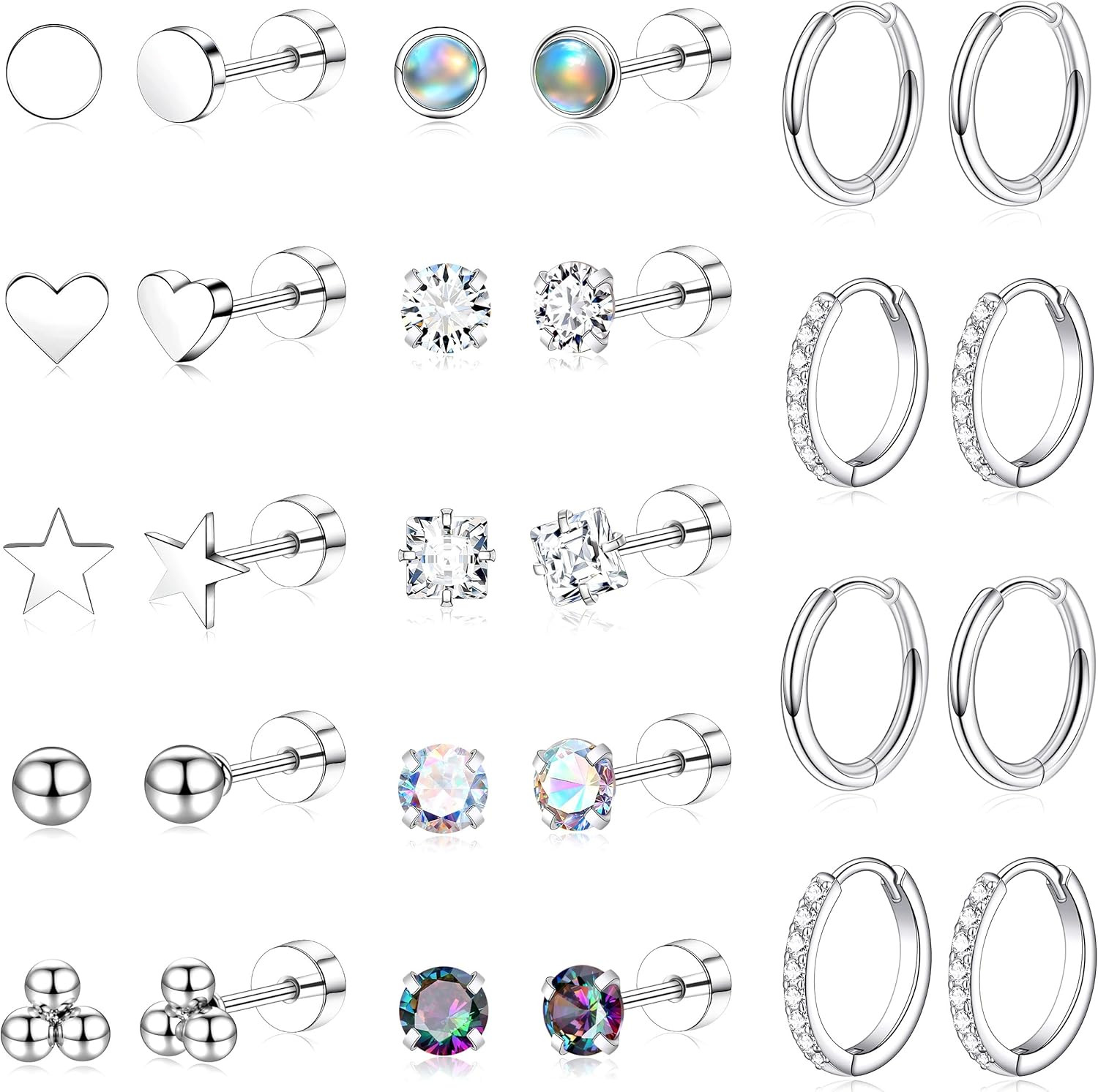 Flat Back Stud Cartilage Earrings Set for Sensitive Ears, Silver, Multiple Pierc