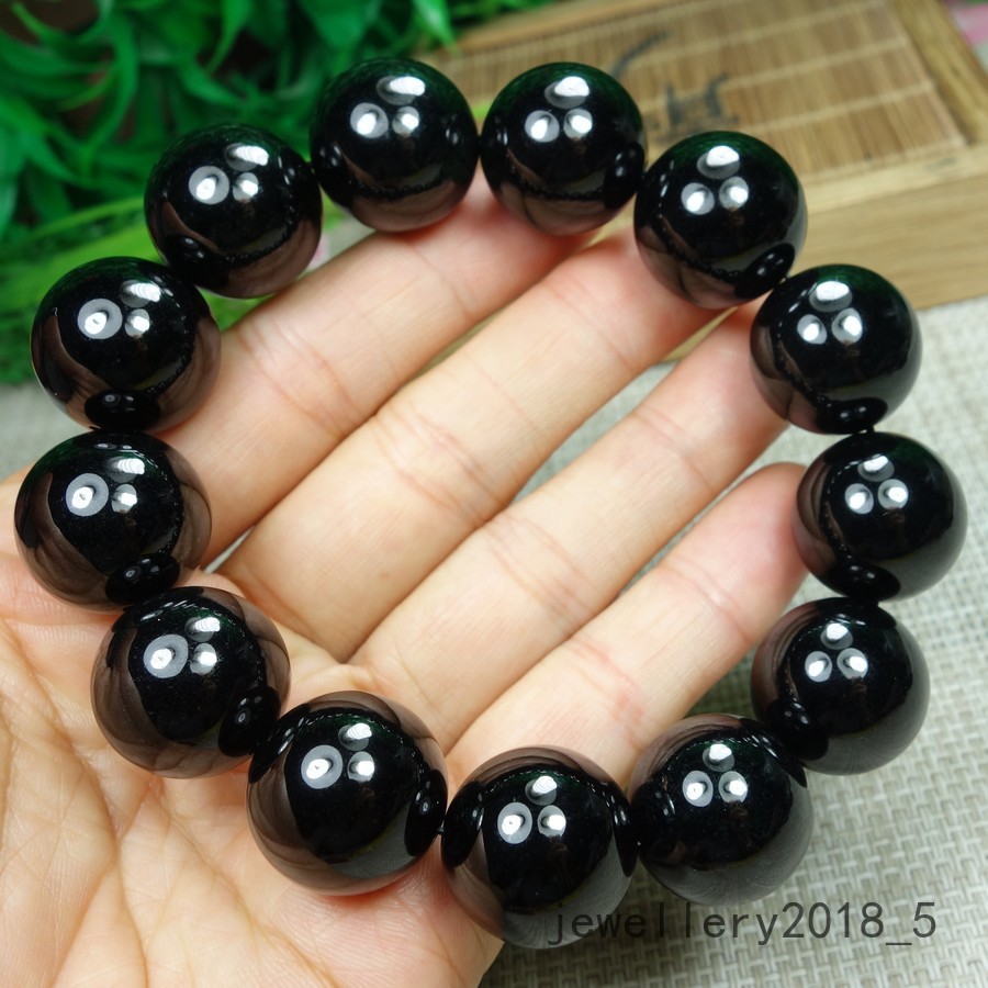 Certified Black Green Burma 100% natural A jadeite jade Bead Bracelets墨翠18mm圆珠手链
