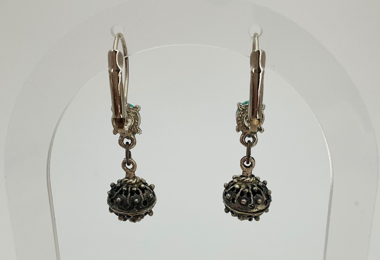 Vintage Croatian Botuni Ball Dangle Earrings Turquoise Silver Tone 6.12g
