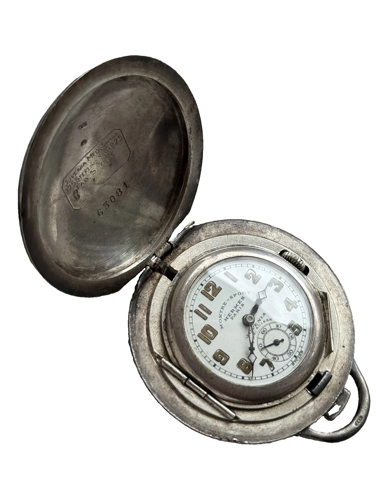 Rare 1920s Art Deco Silver Pocket Watch Hermès Paris Montre-Sport by Juvenia VGC