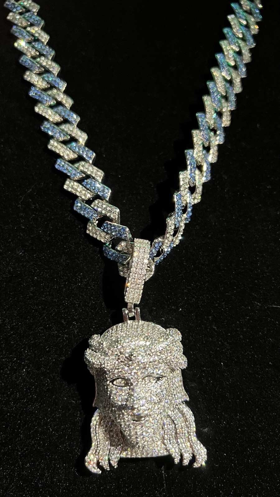 22” iced out 5ACZ blue & silver Cuban w Jesus pendant full iced