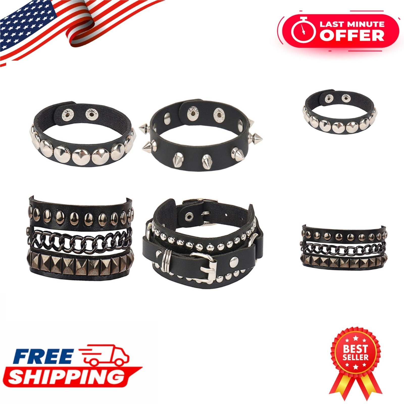 2-4Pcs Punk Faux Leather Spike Rivet Cuff Bracelet Set