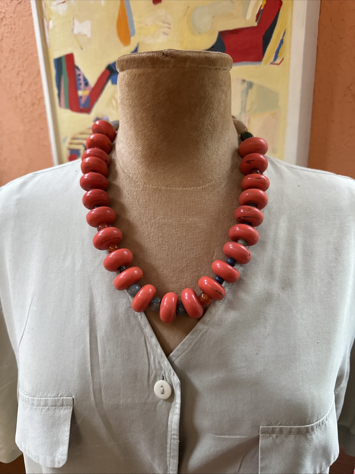 Vintage Nepal Sherpa Coral Glass Bead Necklace (2970)