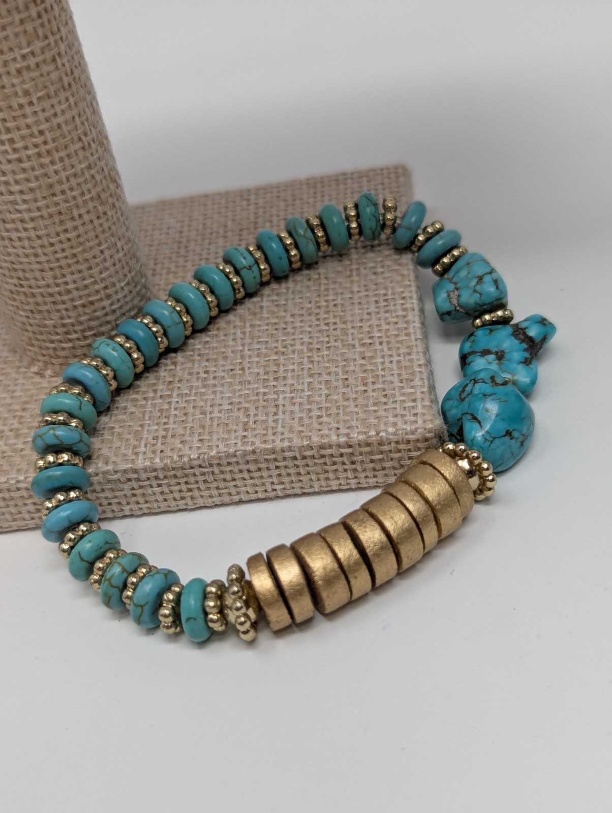 Turquoise Nugget Bead Bracelet Gold Spacer Barrel Clasp Southwestern Style Boho