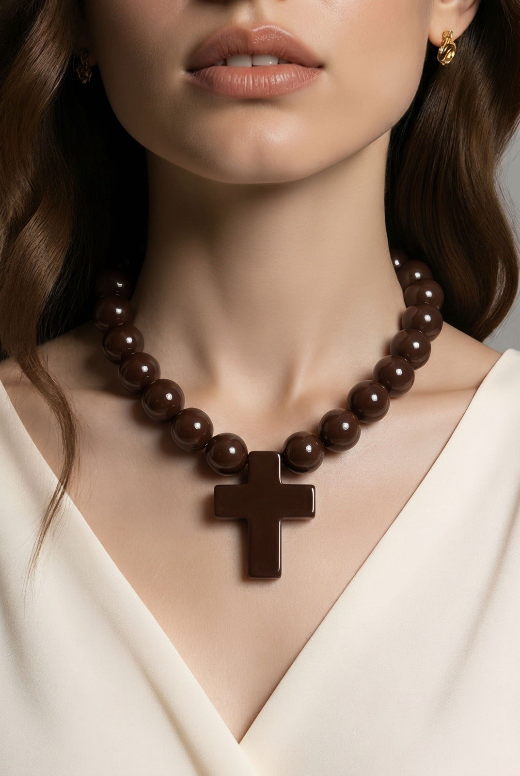 Dudu brown Cross statement necklace glossy resin beads adjustable