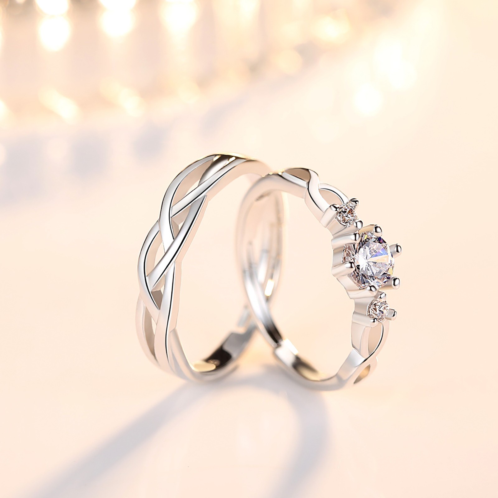 His Hers Infinity Knot Clear CZ Eternity Bands Set Couple Matching Promise Rings