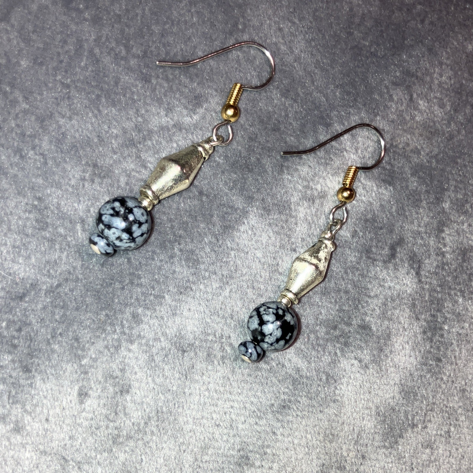 Silver Tone Beaded Dangle Drop Hook Earrings Black Gray Round Bead Stone
