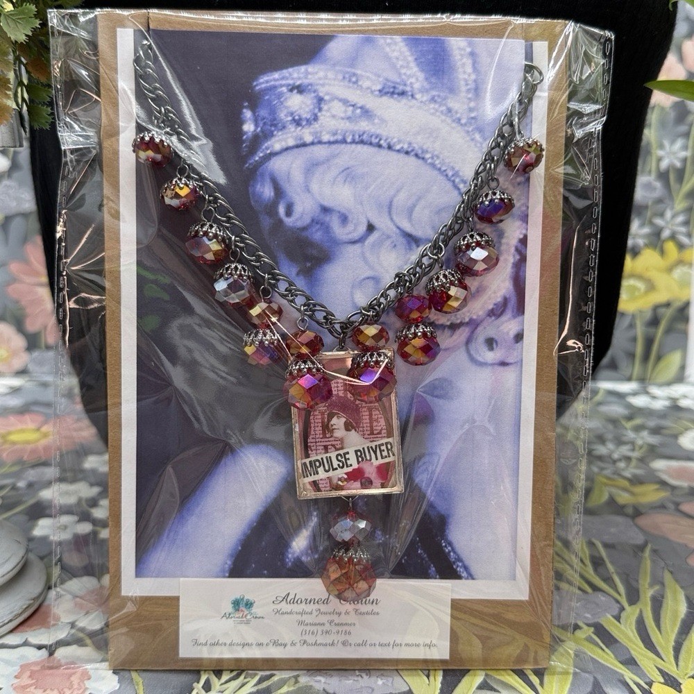 Adorned Crown Jewelry assemblage bauble bead Impulse buyer glass bezel necklace