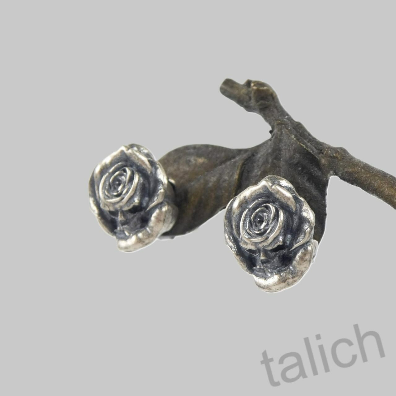 925 Sterling Silver Small Skull Rose Stud Earrings in Dark Finish Gothic Unique