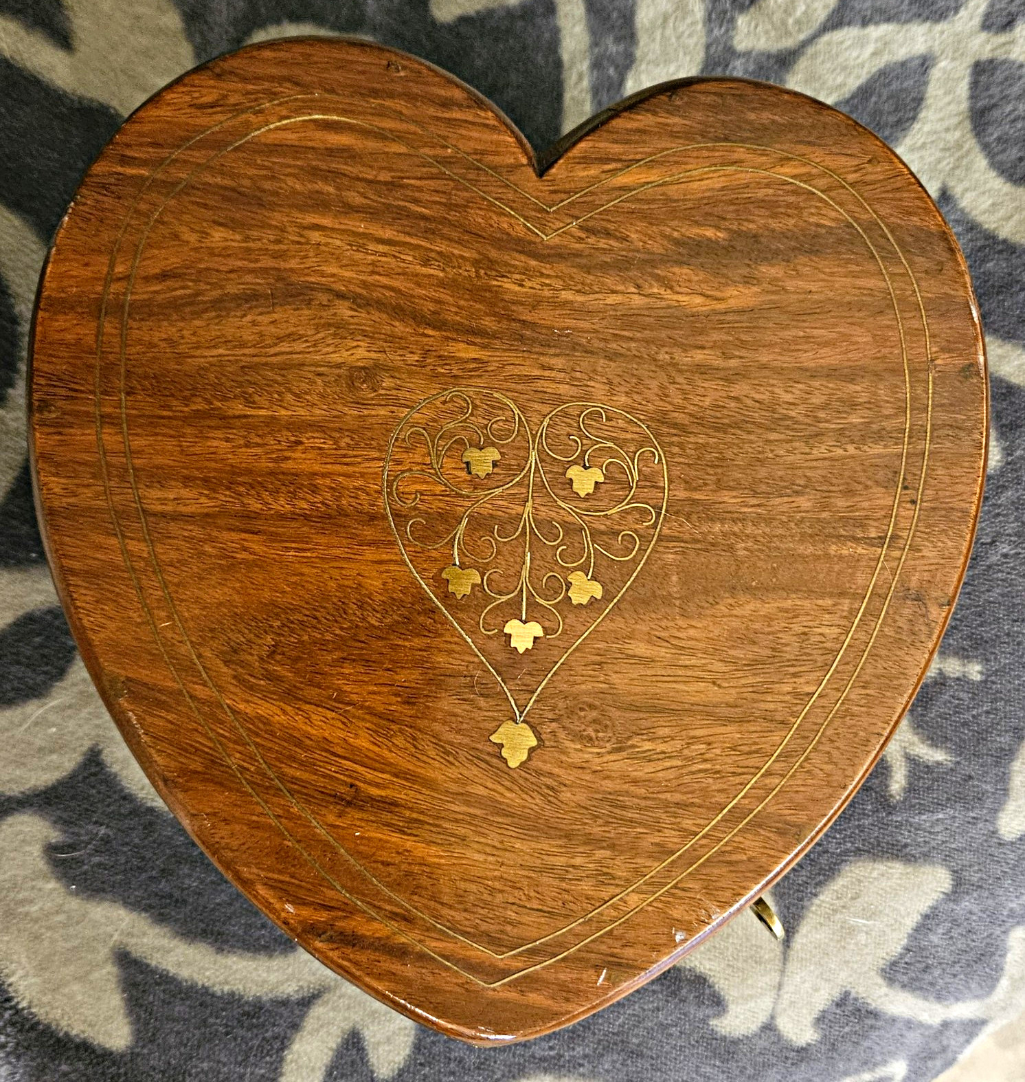 Handcrafted Heart Shaped Cherrywood Jewelry Box, Velvety Lined, Brass Inlay, Key