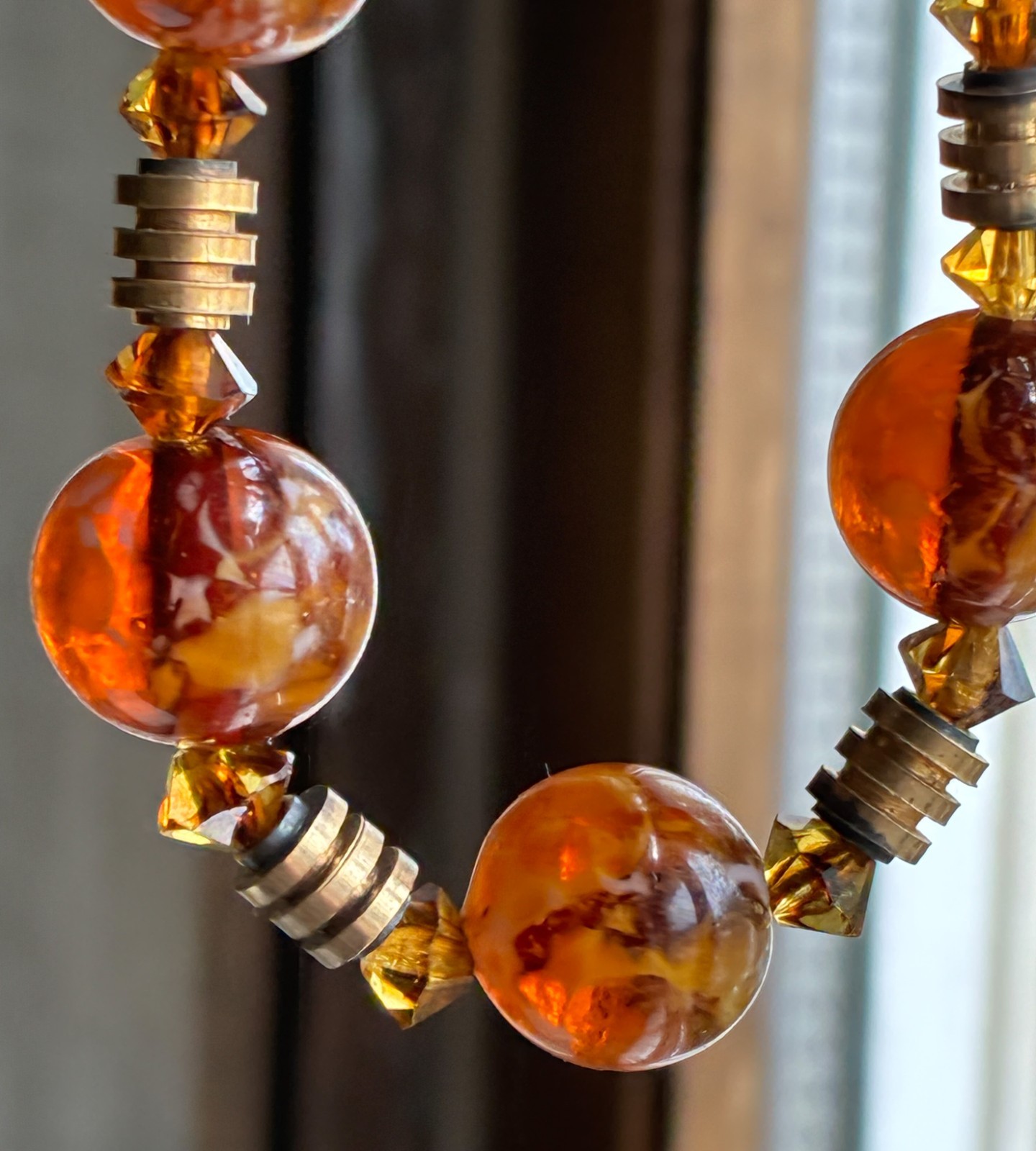 Art Deco Czech Amber Glass Necklace Marbled Beads 12mm 17.75″ Vintage