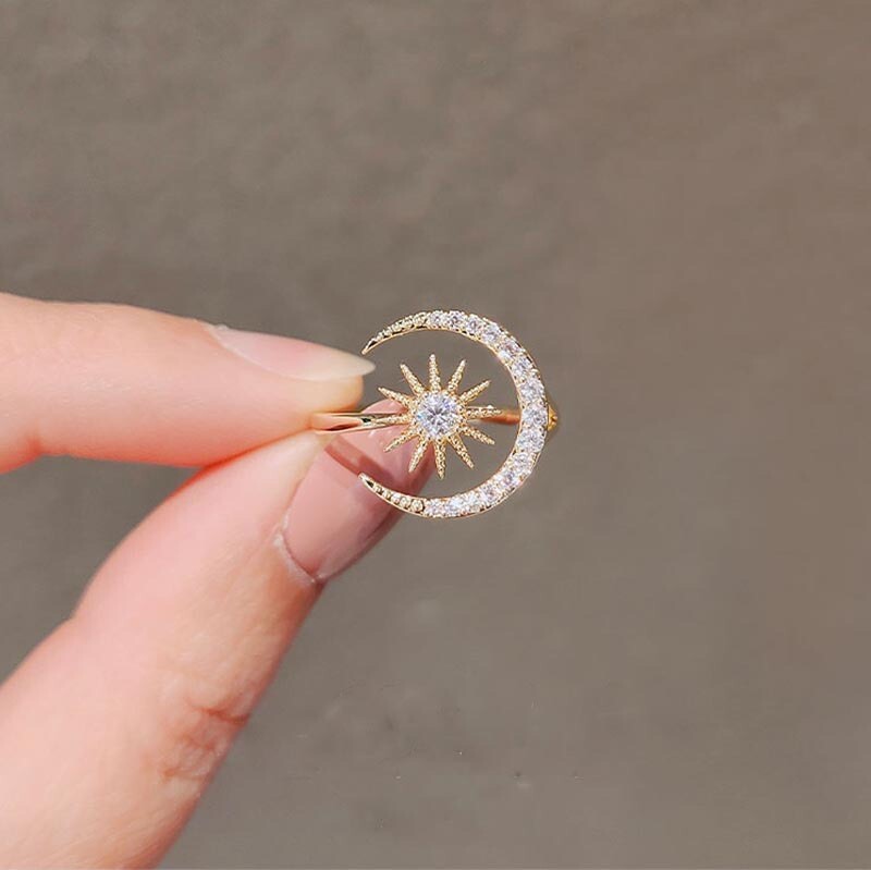 18K Gold Plated Adjustable Crystal Sun Moon Ring for Women Jewelry Gifts
