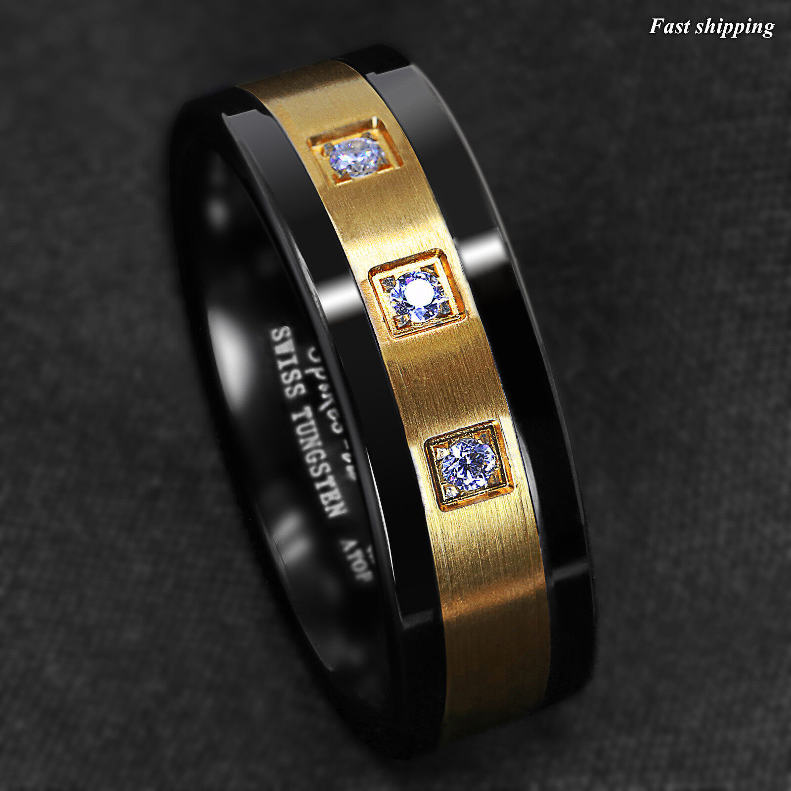 8mm Black/Gold Tungsten Ring Brushed Cubic Zirconia ATOP Men’s Wedding Band