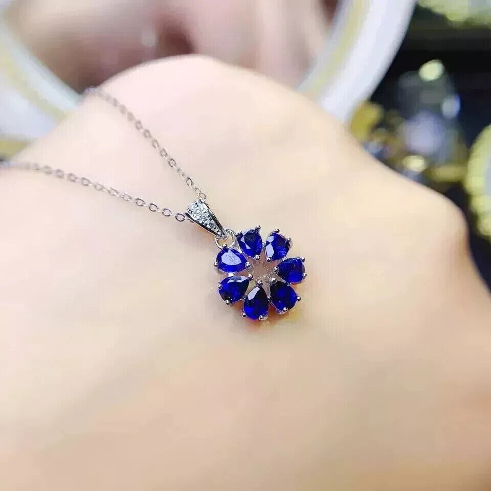 2Ct Pear Cut Simulated Blue Sapphire Flower Shape Pendant 14k White Gold Plated