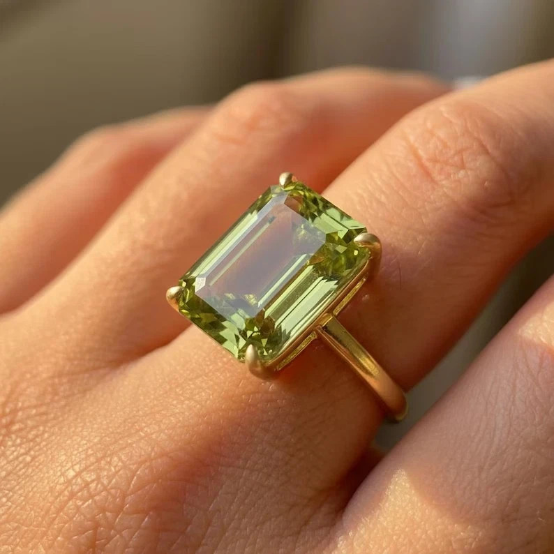 5Ct Emerald Cut Natural Peridot Solitaire Wedding Ring 14K Yellow Gold Size 5 6