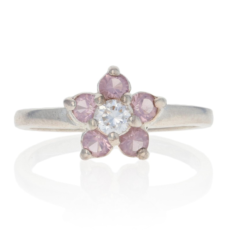 NEW Pink & Clear Cubic Zirconia Flower Ring – Sterling Silver Halo Size 7