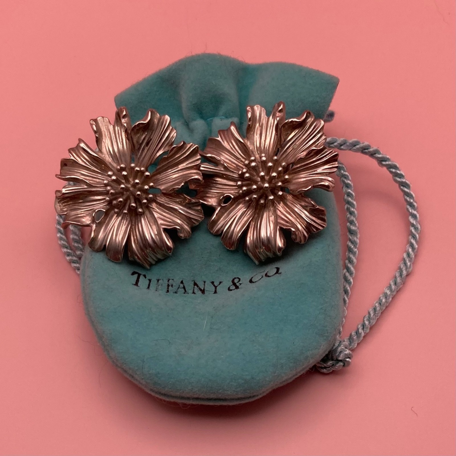 Tiffany & Co. Sterling Silver Marigold Flower Earrings w/ Pouch and Box