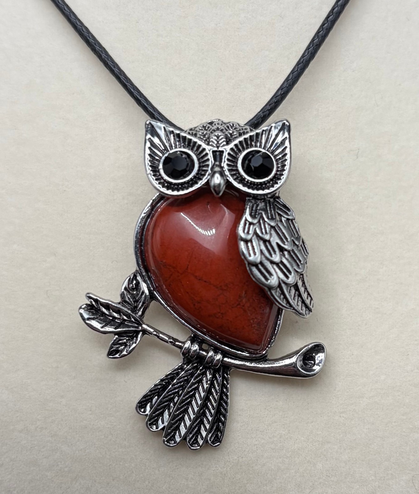 Natural Red Jasper Owl Pendant Necklace 21″ Waxed Cord Chakra Healing Stone NEW