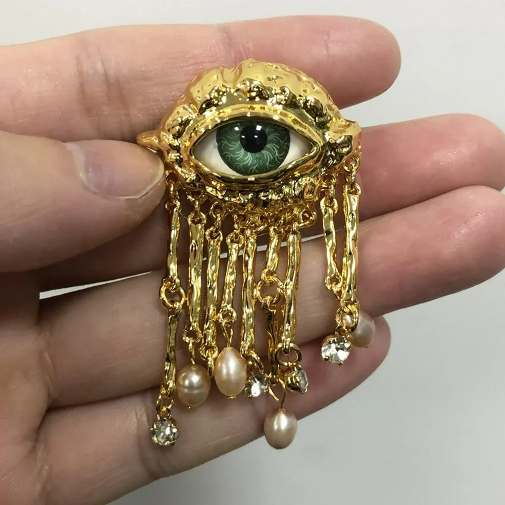 Vintage Evil Eye Brooch Pin Pearl Tassel Metal Badge Unisex Jewelry
