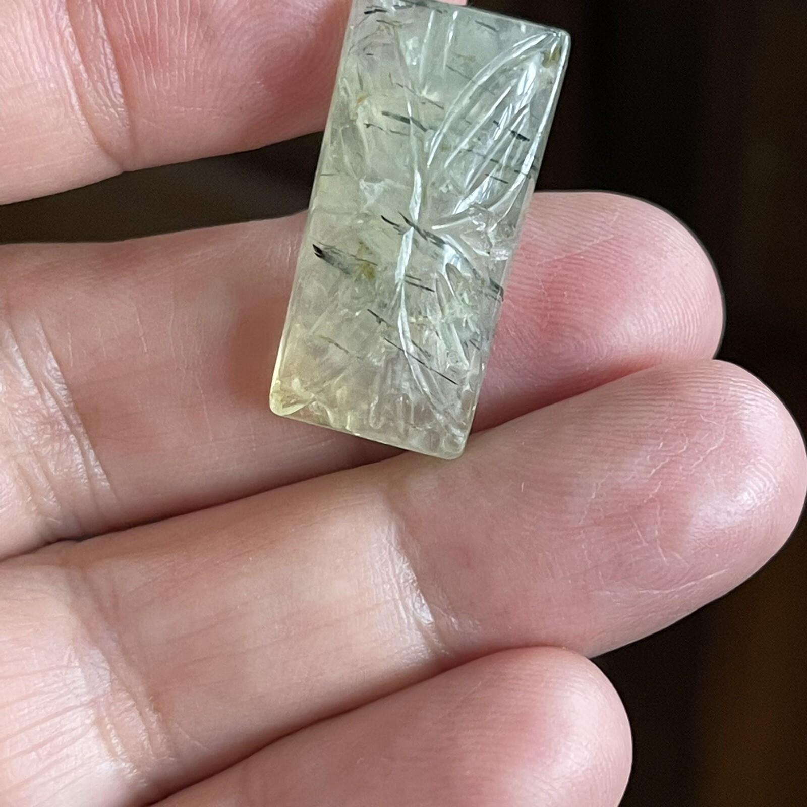 26.3×13.2×7.6mm Carved Rectangle Pale Green Prehnite Cabochon Loose Stone