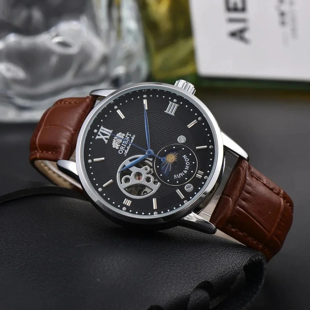 Sun & Moon Semi-Skeleton Automatic Men’s Watch – Leather Strap Luxury Gift