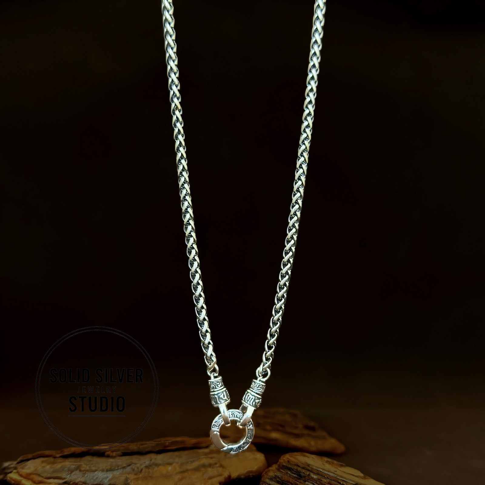 Solid S925 Silver Buddhist Mantra Necklace Spiga/Wheat Chain Pendant Holder Gift
