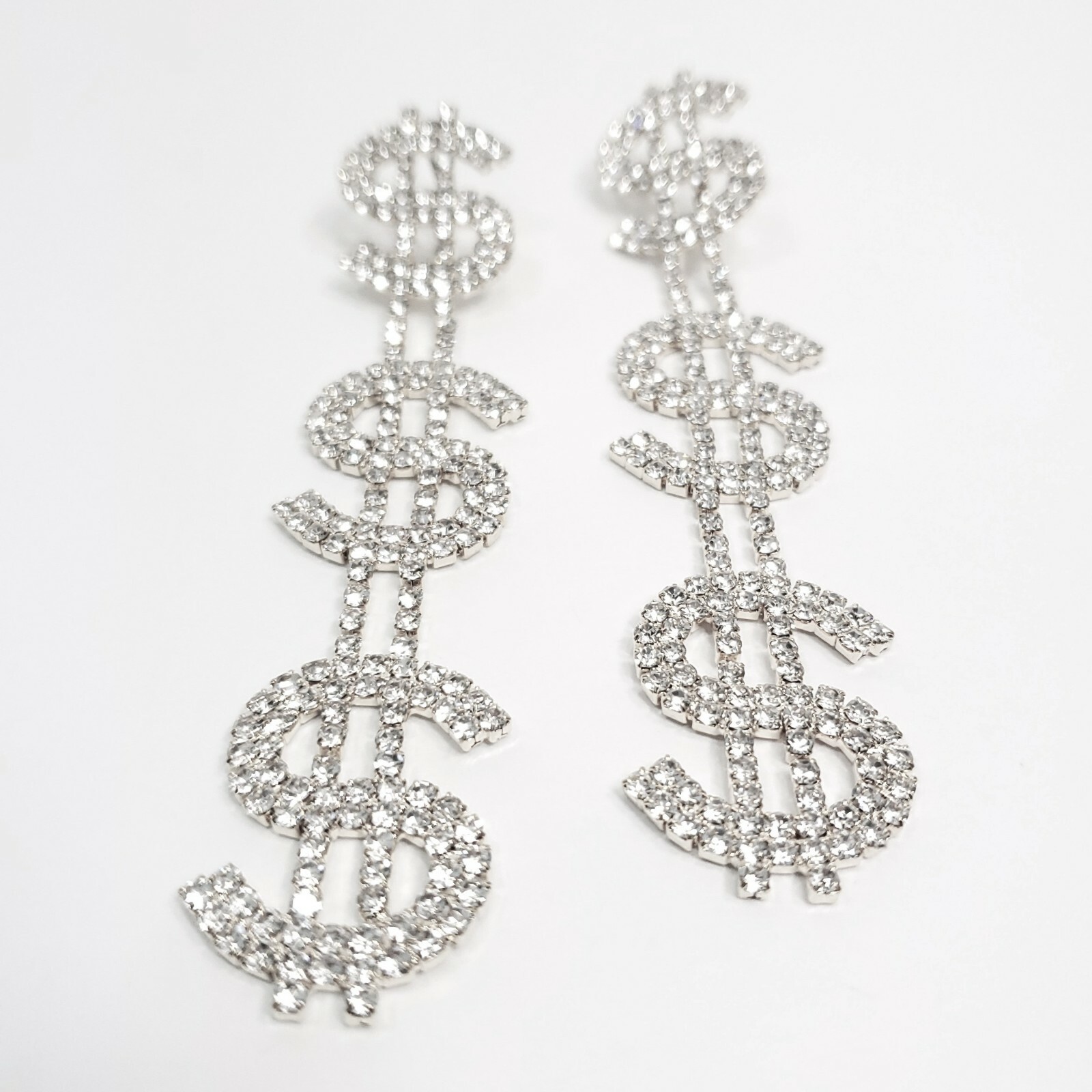 E0132 Bling Clear Silver Tone US Dollar Money $$$ Sign Long Drop Dangle Earrings