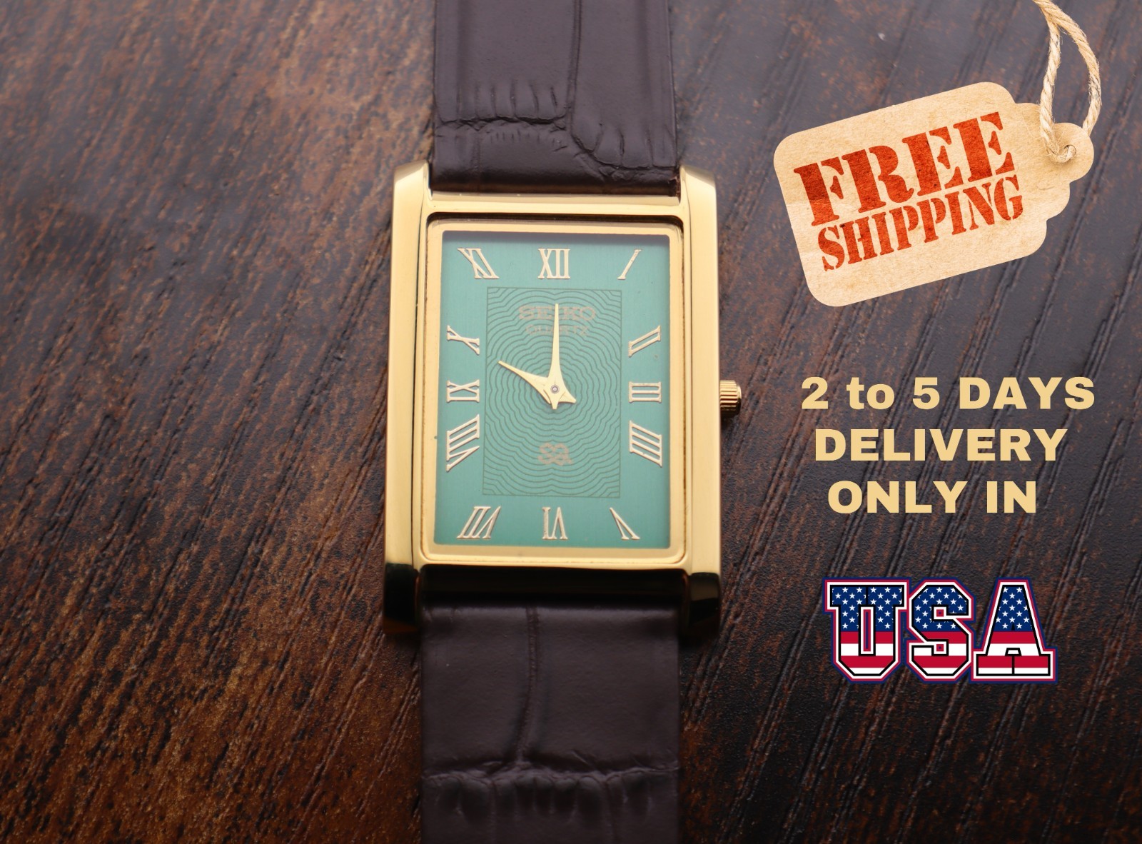 vintage Seiko Quartz Slim Tank Men Green Dial Dark Brown leather Dress Watch