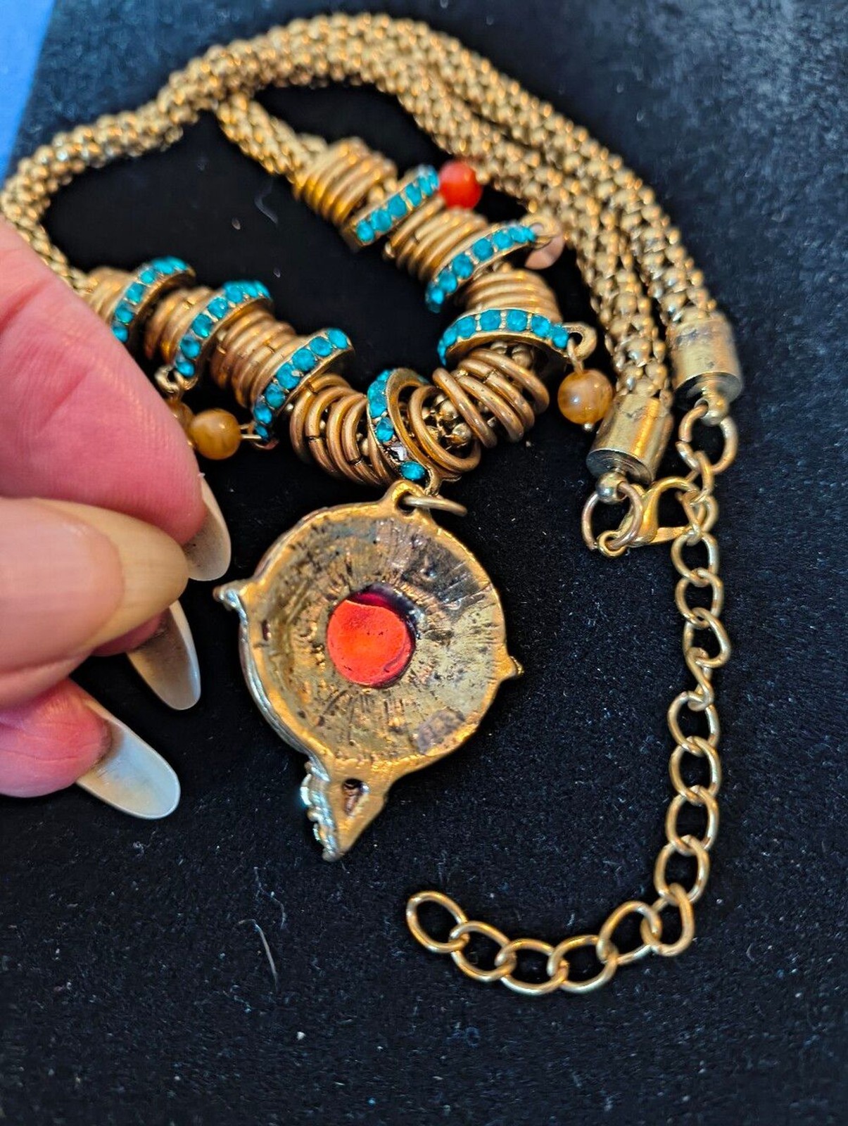 Boho Statement Necklace Gold Tone Red Glass Cabochon Turquoise Rhinestones