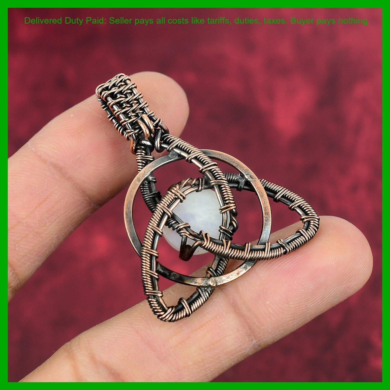 Copper Rainbow Moonstone Gemstone Wire Wrapped Artisan Elegant Wife Gift Pendant