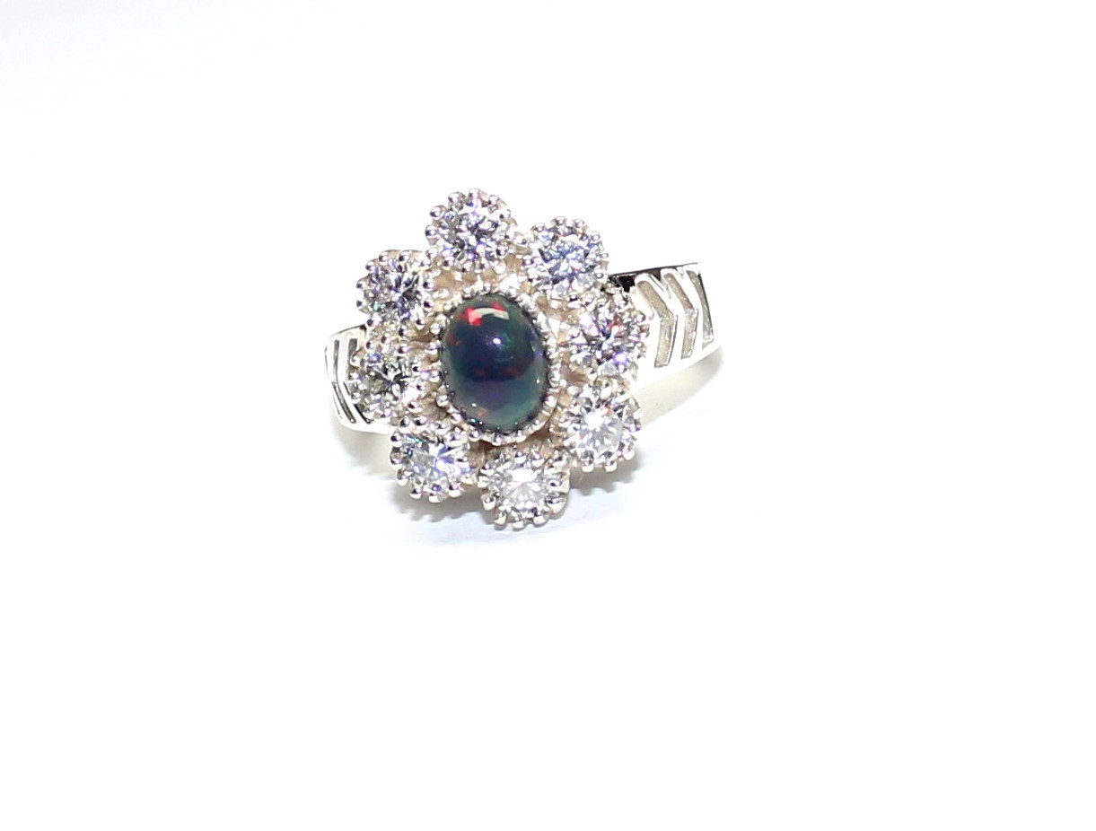 Black Opal Ring, Sparkle Moissanite 925 Silver Ring, Unique Engagement Jewelry
