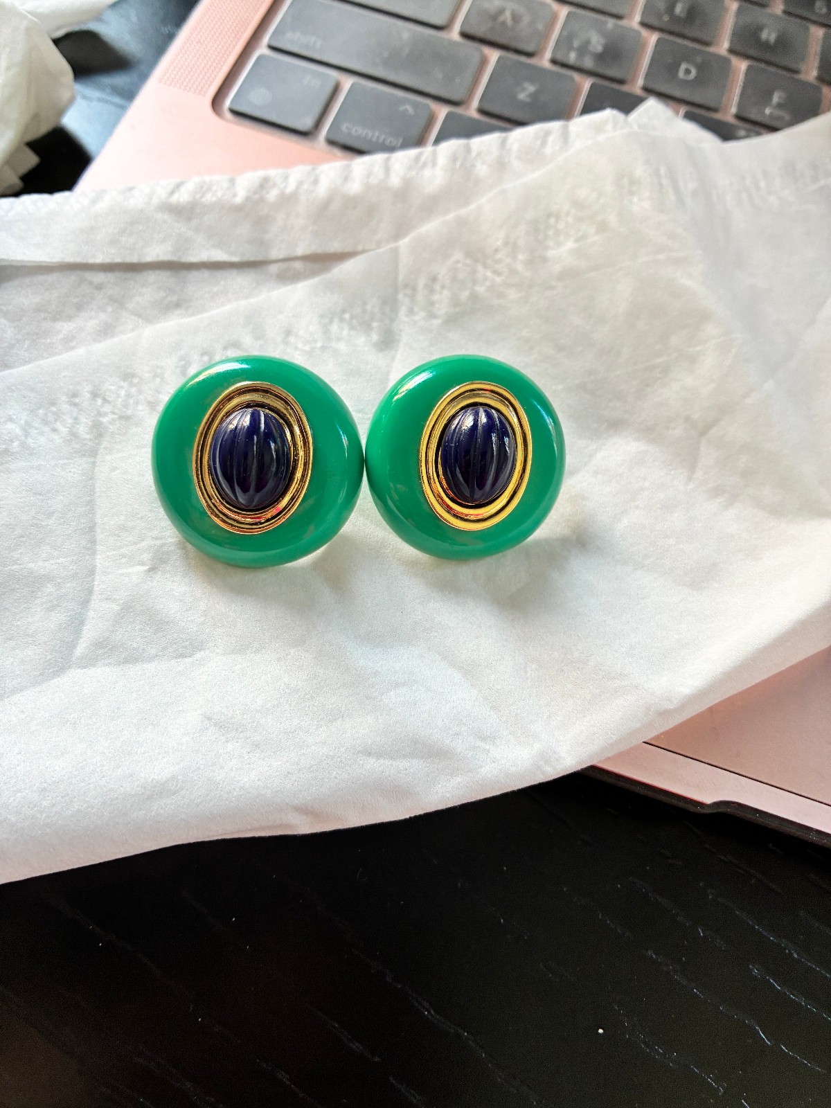 GIANT 1960’S SIMULATED TURQUOISE, SIMULATED LAPIS ROUND POST EARRINGS