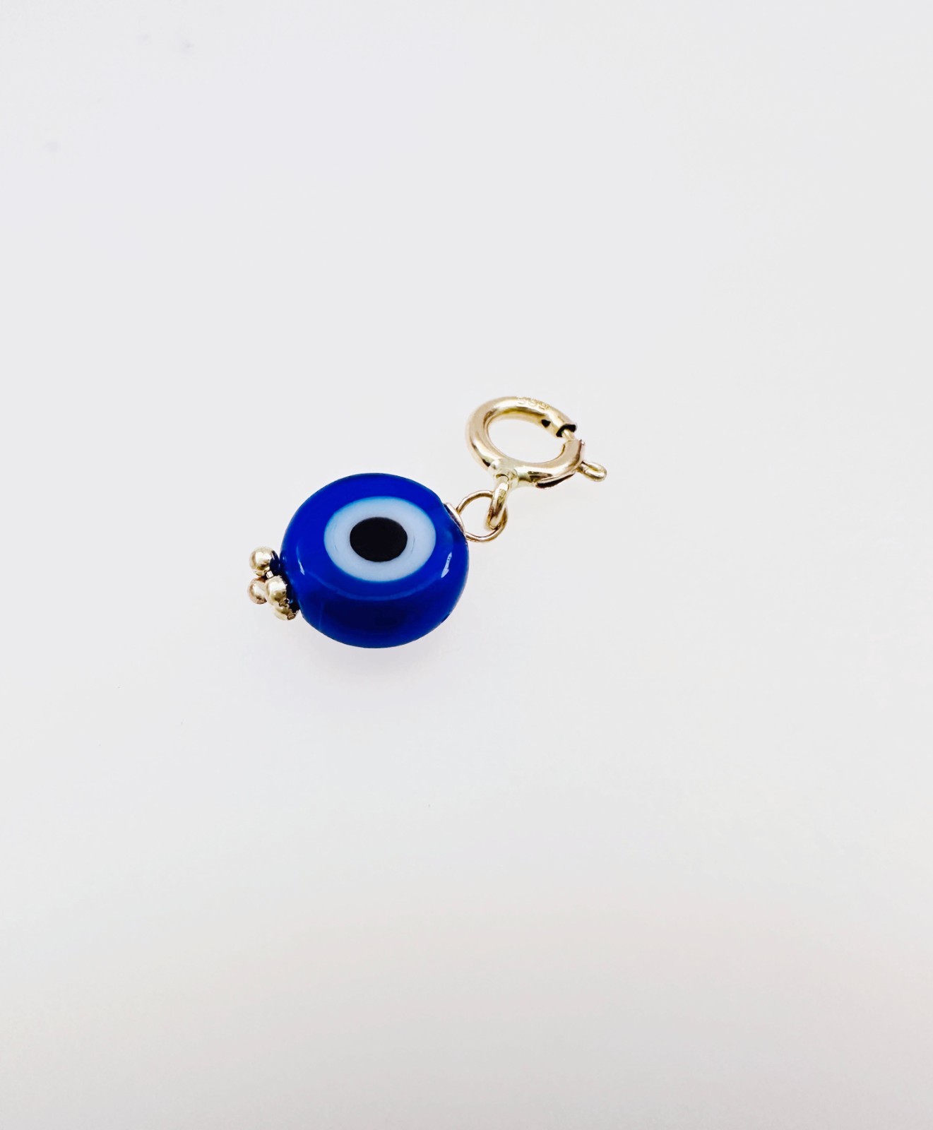 14K Solid Yellow Gold Millefiori Glass Blue Evil Eye Charm Pendant Spring Clasp