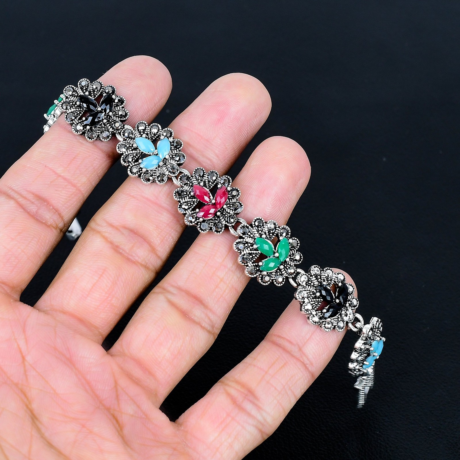 Multi Cut Stone 925 Sterling Silver Ethnic Marcasite Jewelry Bracelet 7″ PT 4445