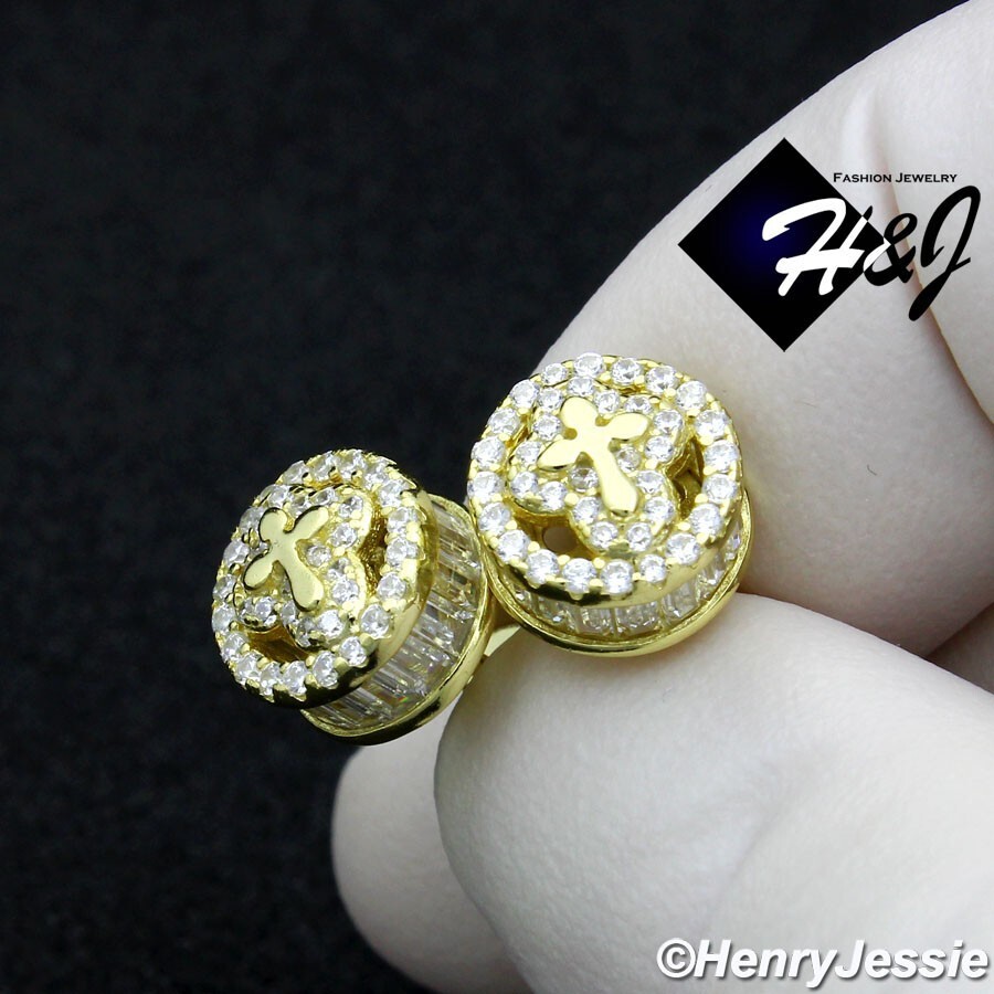 925 STERLING SILVER ICY BAGUETTE CZ CROSS 9MM ROUND GOLD PLATED STUD EARRING*283