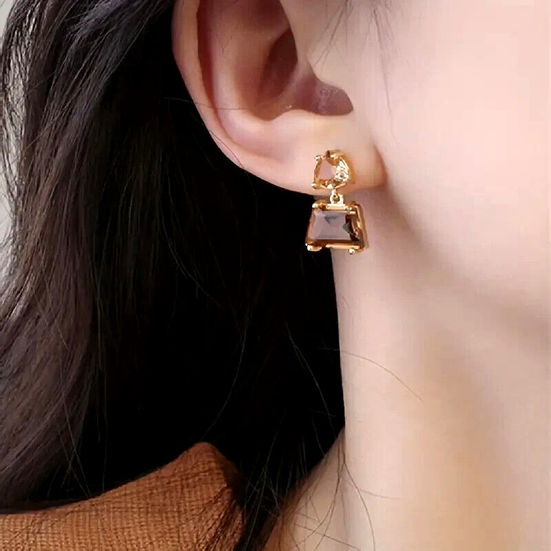 14K Gold Plated Vintage Luxury Copper Earrings Brown Sparkling Rhinestone Women