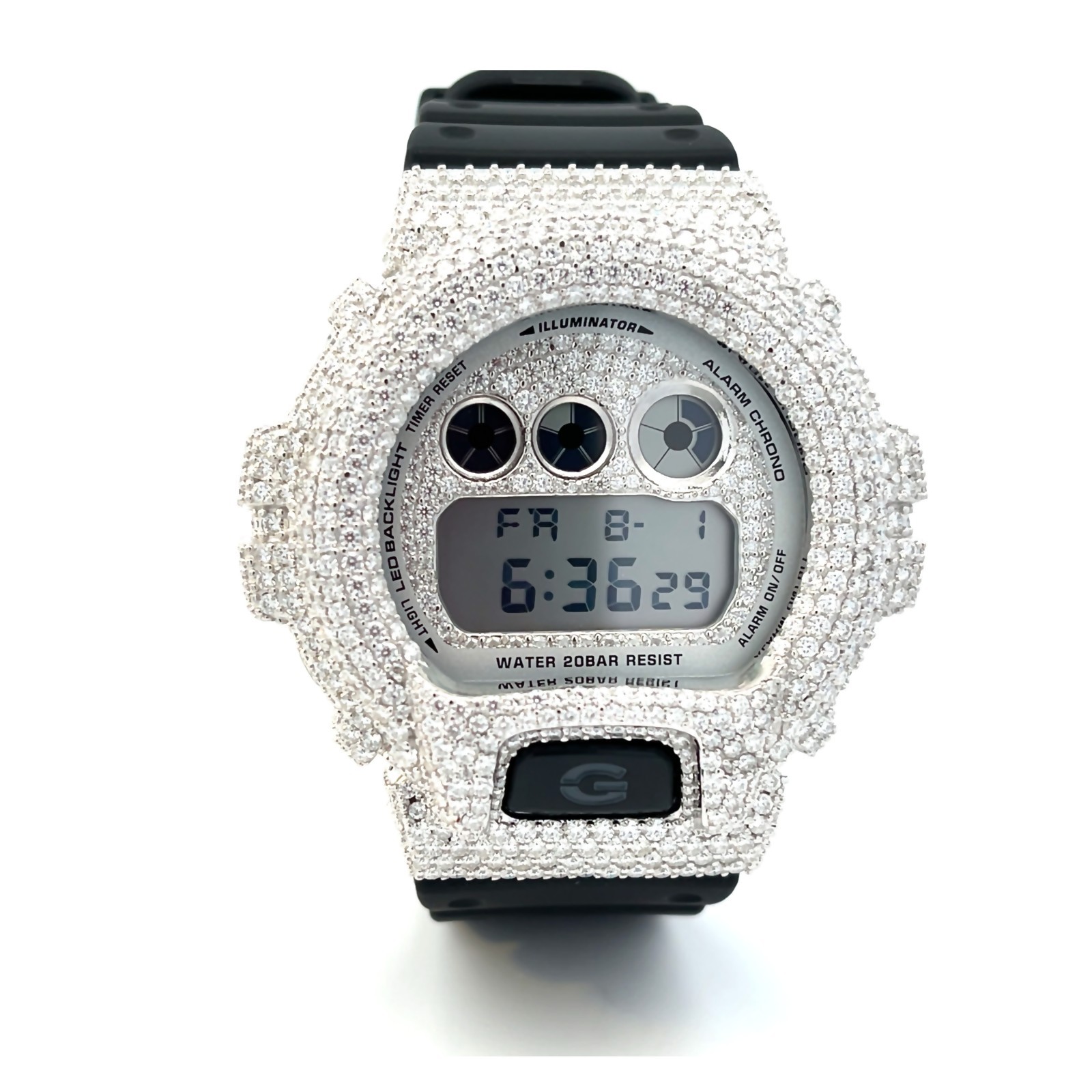 Moissanite Fully Iced Out G-SHOCK DW-6900 – D Color, Flawless Clarity