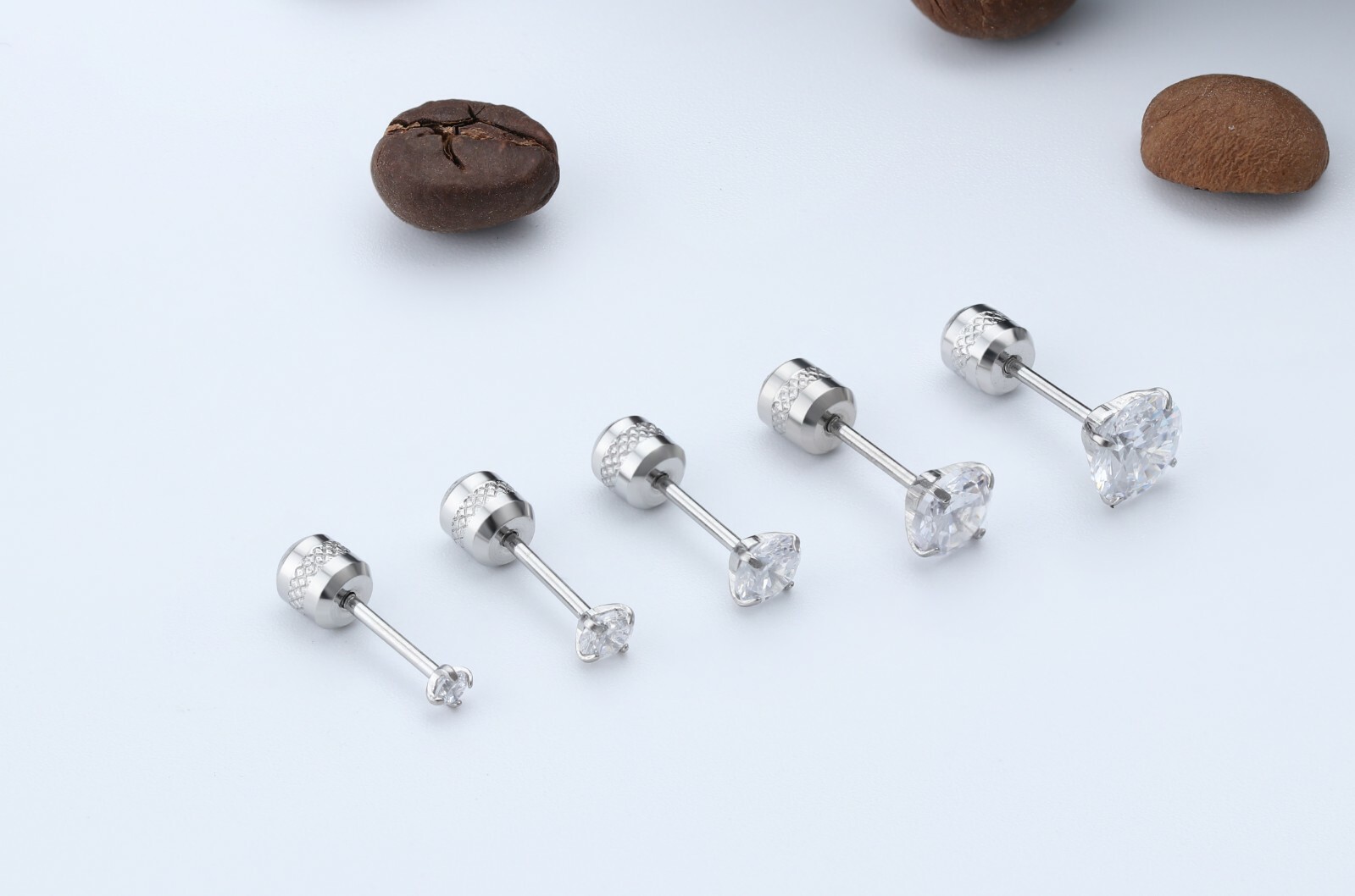 2Pair Silver Stainless Steel Round CZ Earrings Screw Back Ear Stud for Men Women