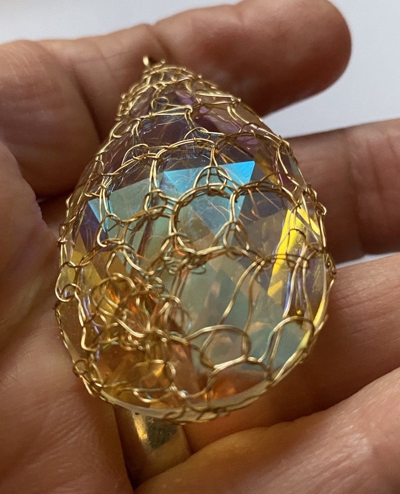 Large, Aurora Borealis Crystal Pendant In 9ct Gold Plated Net Setting